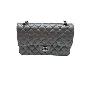 Chanel Leather Quilted Classic Double Flap CC Logo Medium Crossbody Bag Silver